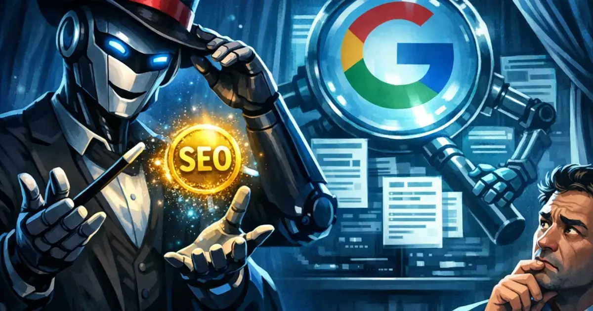 Визуална метафора за AI hype и SEO